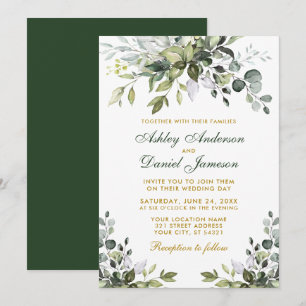 Elegant Watercolor Greenery Guld Grönt Bröllop Inbjudningar
