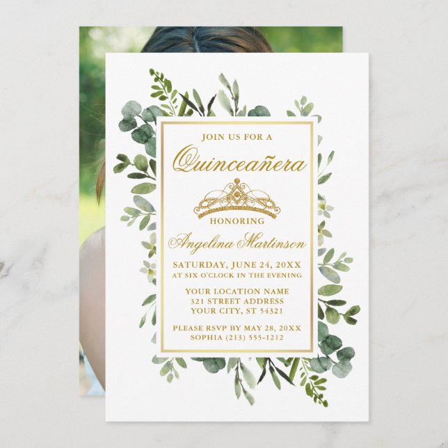Elegant Watercolor Greenery Guld Quinceanera Photo Inbjudningar (Fram/baksida)