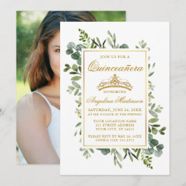 Elegant Watercolor Greenery Guld Quinceanera Photo Inbjudningar
