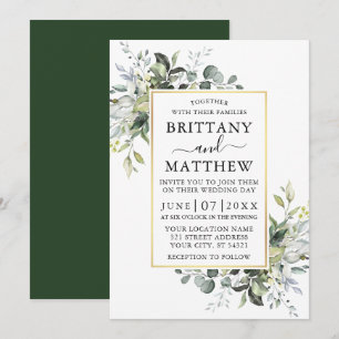 Elegant Watercolor Greenery Guld Ram Bröllop Inbjudningar
