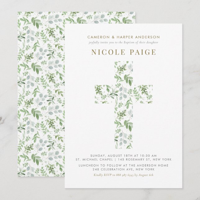 Elegant Watercolor Greenery Kor Baptism Inbjudningar (Fram/baksida)