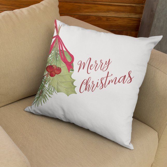 Elegant Watercolor Greenery Merry Christmas  Kudde (Merry Christmas Red and Green Greenery. With Stylish Calligraphy Script.)