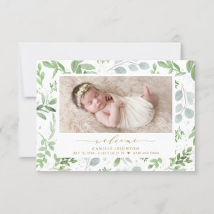 Elegant Watercolor Greenery Mönster Birth Meddelande