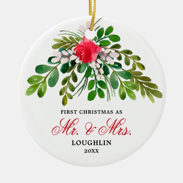 Elegant Watercolor Greenery Newlyweds Julgransprydnad Keramik (Framsidan)