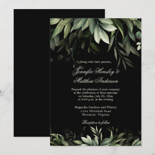 Elegant Watercolor Greenery on Black Background Inbjudningar