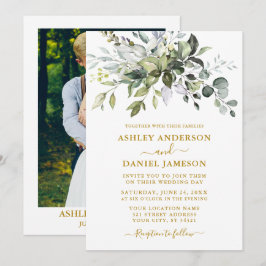 Elegant Watercolor Greenery Photo Bröllop Guld Inbjudningar