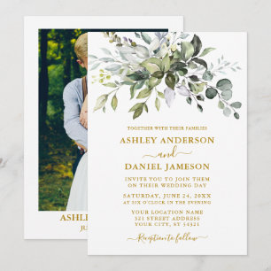 Elegant Watercolor Greenery Photo Bröllop Guld Inbjudningar