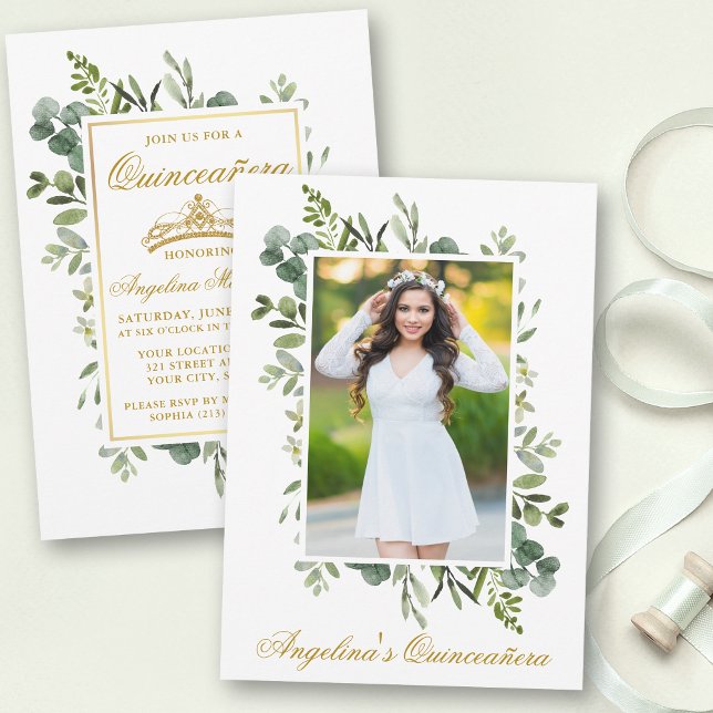Elegant Watercolor Greenery Photo Quinceanera Inbjudningar (Customize to change text style or text size.)