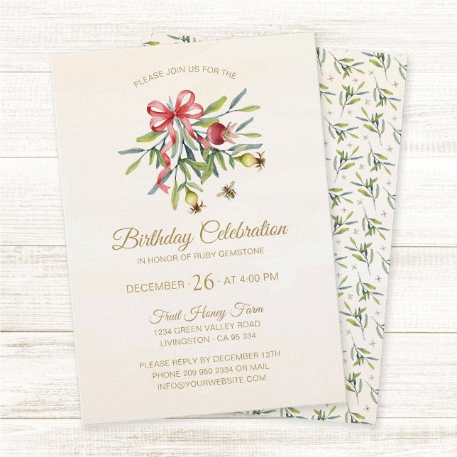 Elegant Watercolor Greenery Pomegranate Birthday Inbjudningar (Bees and Nature, elegant timeless birthday invitation in cottage style with botanical design.)