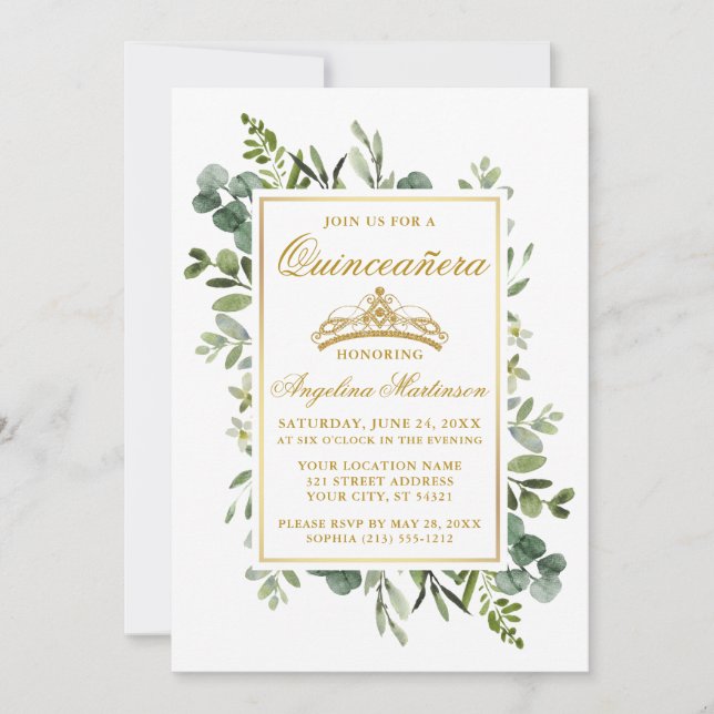 Elegant Watercolor Greenery Quinceanera Guld Inbjudningar (Framsida)
