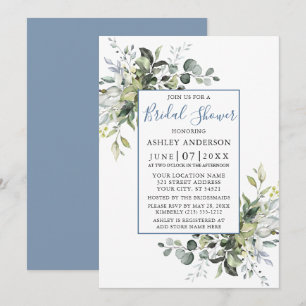 Elegant Watercolor Greenery Shower Dusty Blue Inbjudningar