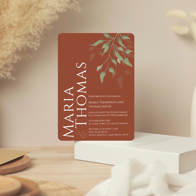 Elegant Watercolor Greenery Terracotta Foliage Inbjudningar (Terracotta elegant wedding invitation with watercolor greenery and foliage. )