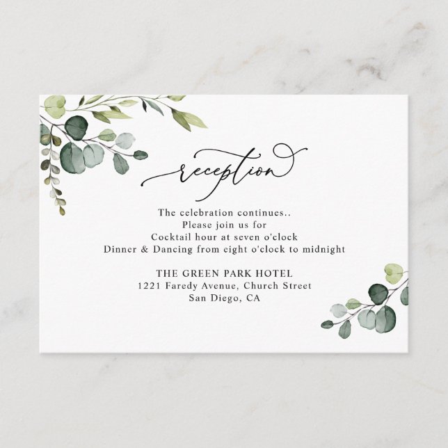 Elegant Watercolor Greenery Wedding Reception Tilläggskort (Framsida)