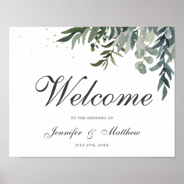 Elegant Watercolor Greenery Welcome Bröllop Poster (Framsidan)