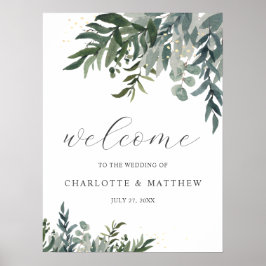 Elegant Watercolor Greenery Welcome Bröllop Poster