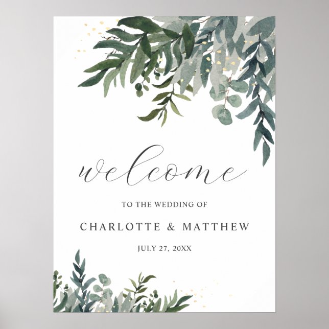 Elegant Watercolor Greenery Welcome Bröllop Poster (Framsidan)
