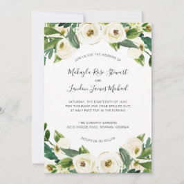 Elegant Watercolor Greenery White Blommigt Bröllop Inbjudningar