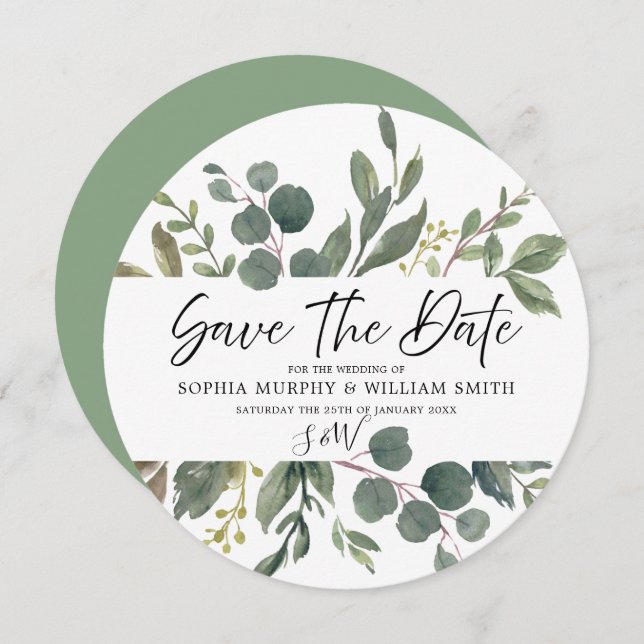 Elegant Watercolor Grönt Löv Bröllop Greenery Spara Datumet (Fram/baksida)