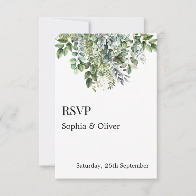 Elegant Watercolor Grönt Löv Bröllop OSA Card (Framsida)