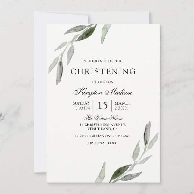 Elegant Watercolor Grönt Löv Christening Inbjudan (Framsida)