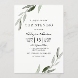 Elegant Watercolor Grönt Löv Christening Inbjudan