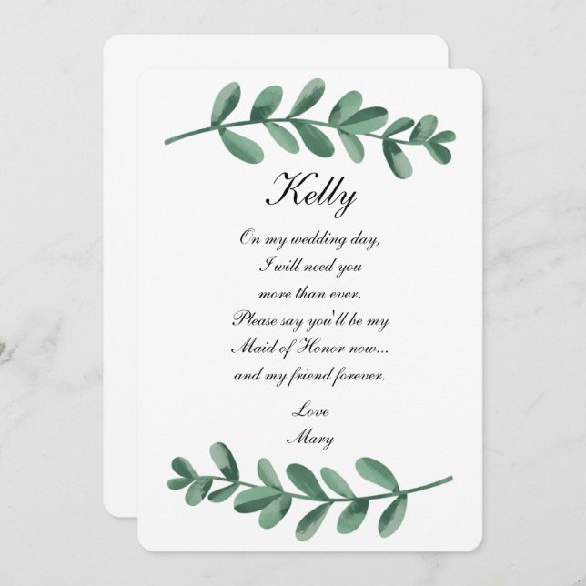 Elegant Watercolor Grönt Löv Maid of honor Inbjudningar (Fram/baksida)