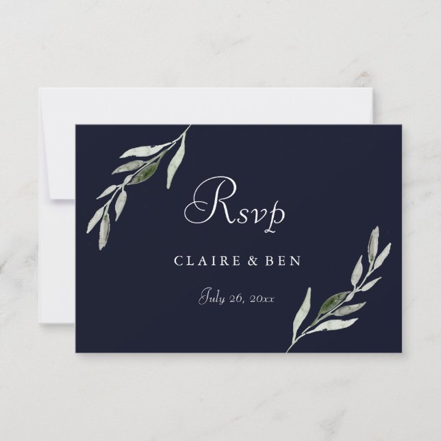 Elegant Watercolor Grönt Löv Navy Bröllop OSA (Framsida)