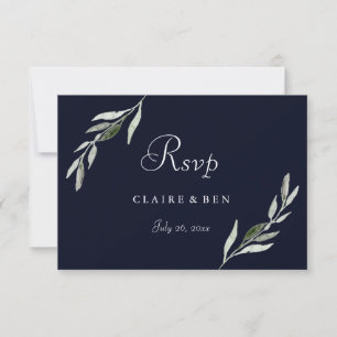 Elegant Watercolor Grönt Löv Navy Bröllop OSA Kort