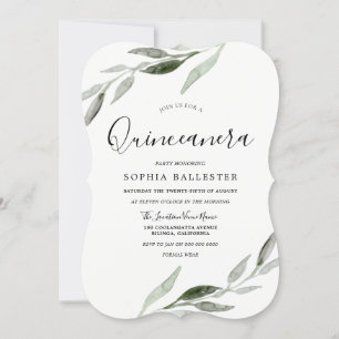 Elegant Watercolor Grönt Löv Quinceanera Party Inbjudningar