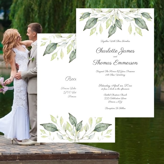 Elegant Watercolor Grönt Lövs bröllopsinbjudan Inbjudningar (Wedding Soft Watercolor Green Leaves Elegant Invitation)