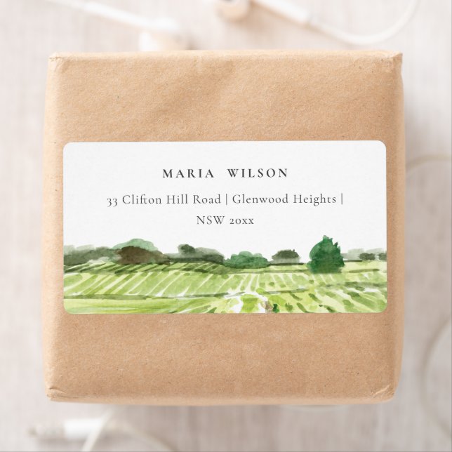 Elegant Watercolor Grönt Winery Vineyard Adress Fraktsedel (Insitu)