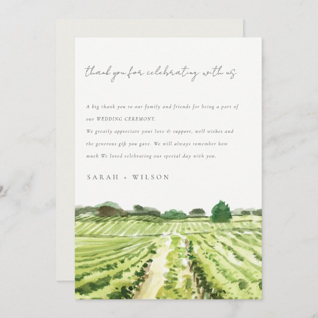 Elegant Watercolor Grönt Winery Vineyard Bröllop Tack Kort (Fram/baksida)