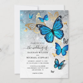 Elegant Watercolor Guld Blue Butterfly Bröllop Inbjudningar
