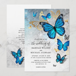 Elegant Watercolor Guld Blue Butterfly Bröllop Inbjudningar