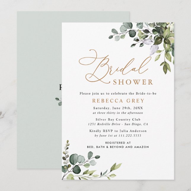 Elegant Watercolor Guld Greenery Möhippa Inbjudningar (Fram/baksida)