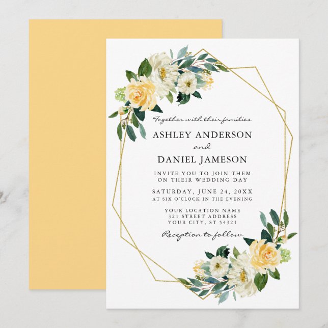 Elegant Watercolor Gult Blommigt Guld Ram Inbjudningar (Fram/baksida)
