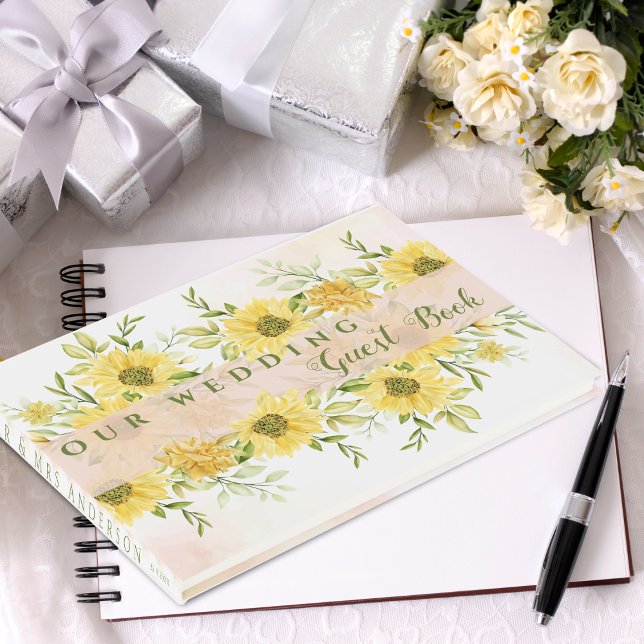 Elegant Watercolor Gult Solros blommigt Bröllop Gästböcker (Elegant Watercolor Yellow Sunflower floral Wedding Guest Book)