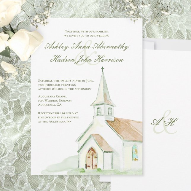 Elegant Watercolor Hand-painted Chapel Wedding  Inbjudningar (Skapare uppladdad)