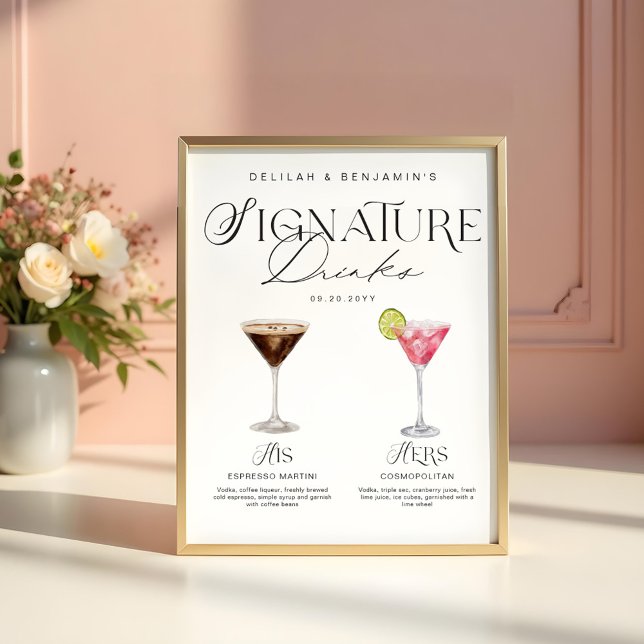 Elegant Watercolor Hans Namnteckning Drink Bröllop Poster (Elegant Watercolor His Her Signature Drink Wedding Poster)