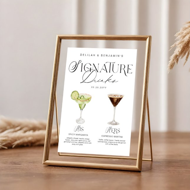 Elegant Watercolor Hans Namnteckning Drink Bröllop Poster (Elegant Watercolor His Her Signature Drink Wedding Poster)