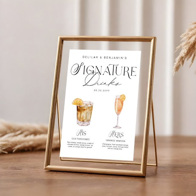 Elegant Watercolor Hans Namnteckning Drink Bröllop Poster (Elegant Watercolor His Her Signature Drink Wedding Poster)