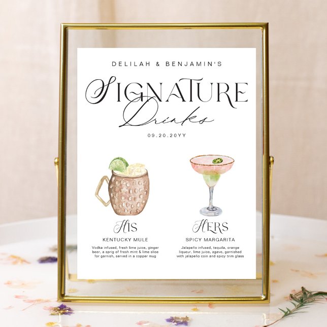 Elegant Watercolor Hans Namnteckning Drink Bröllop Poster (Elegant Watercolor His Her Signature Drink Wedding Poster)