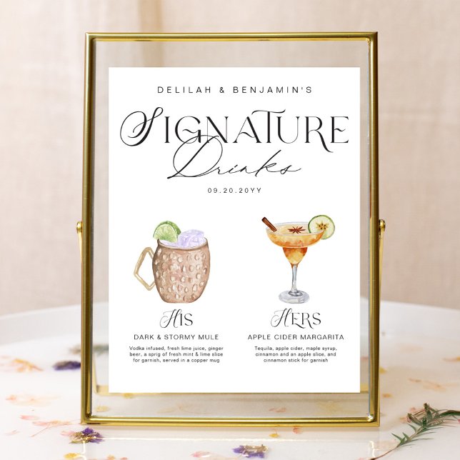 Elegant Watercolor Hans Namnteckning Drink Bröllop Poster (Elegant Watercolor His Her Signature Drink Wedding Poster)