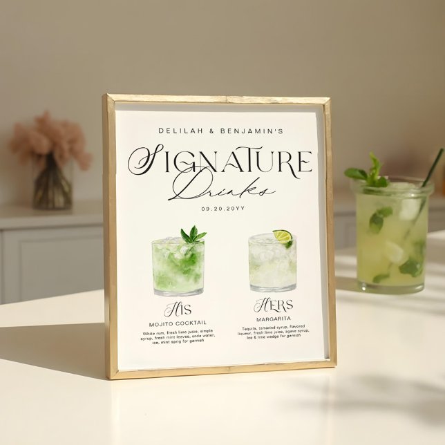 Elegant Watercolor Hans Namnteckning Drink Bröllop Poster (Elegant Watercolor His Her Signature Drink Wedding Poster)