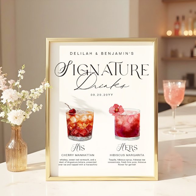 Elegant Watercolor Hans Namnteckning Drink Bröllop Poster (Elegant Watercolor His Her Signature Drink Wedding Poster)