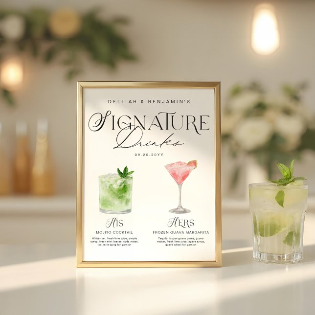 Elegant Watercolor Hans Namnteckning Drink Bröllop Poster (Elegant Watercolor His Her Signature Drink Wedding Poster)