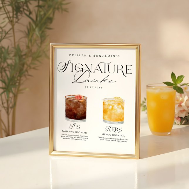 Elegant Watercolor Hans Namnteckning Drink Bröllop Poster (Elegant Watercolor His Her Signature Drink Wedding Poster)