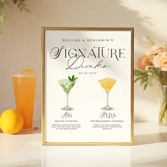 Elegant Watercolor Hans Namnteckning Drink Bröllop Poster (Elegant Watercolor His Her Signature Drink Wedding Poster)