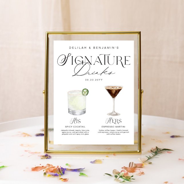 Elegant Watercolor Hans Namnteckning Drink Bröllop Poster (Elegant Watercolor His Her Signature Drink Wedding Poster)