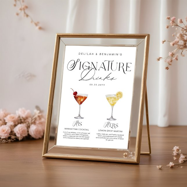 Elegant Watercolor Hans Namnteckning Drink Bröllop Poster (Elegant Watercolor His Her Signature Drink Wedding Poster)